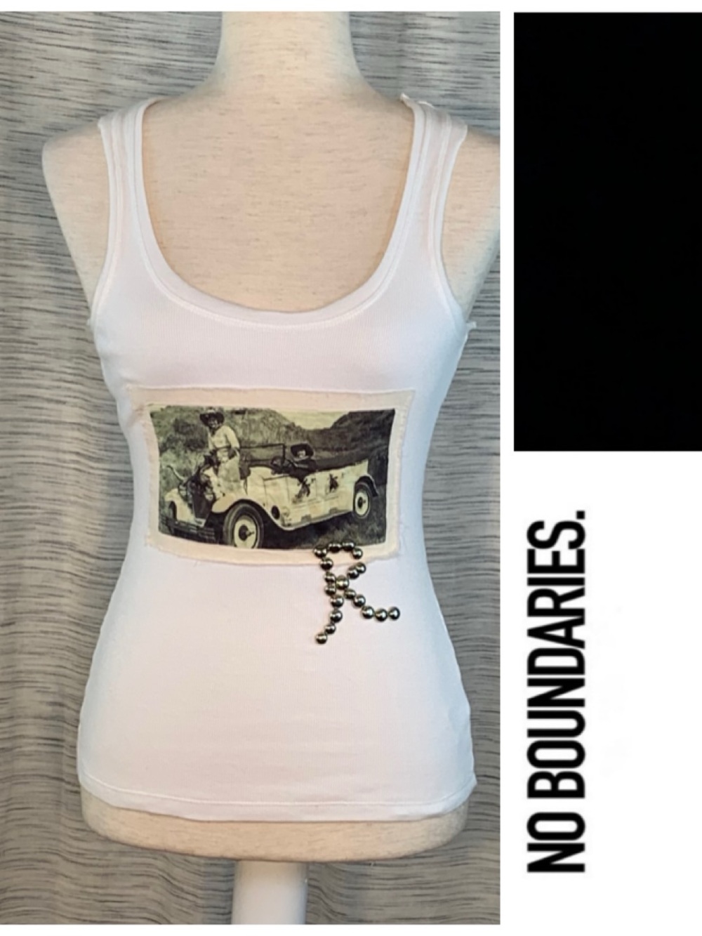 No Boundaries white tank top with old photo.